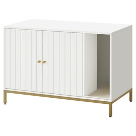 Feandrea Litter Box Enclosure, Modern Cat Litter Box Furniture Hidden, with Scratching Mat, Tall Legs, Cat House, Side End Table, 35.4 x 18.9 x 24.2 Inches, White and Gold UPCL027W01