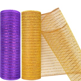 MIKIMIQI 2 Pack Deco Mesh 10 Inch x 30 Feet Decor Mesh Ribbon with Metallic Foil Deco Mesh Wreath Supplies Ribbon Mesh Roll for Spring Wreaths Craft Party, Not Wired (Gold Purple)