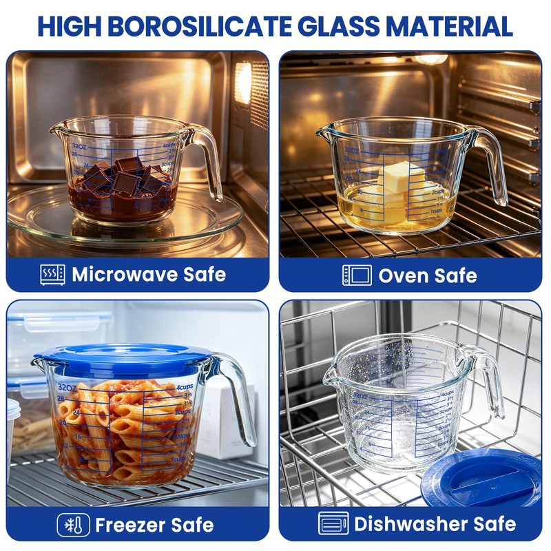 Glass Measuring Cup, 4 Cup Measuring Cup with Lid, High