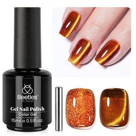 Beetles Brown Cat Eye Gel Nail Polish - 15ML Fall Brown Gold Powder Glass Cat Eye Magnetic Glitter Gel Polish Soak Off UV Salon DIY French Nail Art Amber Glint Collection Gift for Women