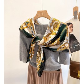 BRMM MIA Women's Scarf, 35.4 inches (90 cm), Square, Silk-like, Scarf, Large, Work, Travel, Bag, Ornament, Bandana, Gift, Green + Black Edge, 90 cm x 90 cm