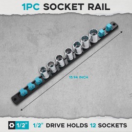 Reniteco 1/2-Inch Drive Magnetic Socket Organizer, Heavy Duty Aluminum Socket Rail Organizer, 360° Swivel Clips Socket Holder Kit for Tool Box, 1/2-Inch Socket Holder x 12 Clips (Aqua Blue)