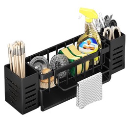 Ziyonix Sink Organiser, Kitchen Sponge Holder, Kitchen Sink Organiser with Removable Dish Cloth Holder and Storage Box, Sponge Holder Sink with Automatic Drain Pan (Black)