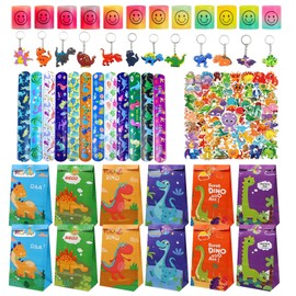 Eymobad 98-Piece Dino Party Bag Set, Give Aways Dinosaur Children's Birthday Boys with Dino Snap Bracelet, Key Ring, Tattoos, Gift Bags, Rainbow Circle for Children's Birthday Parties