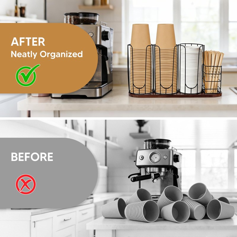 MOJIEZUO 4-Compartment 18oz Coffee Cup Dispenser Rack with Wood Base,