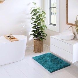 Hearth & Harbor Bathroom Rugs Sets 2 Piece, Chenille Bath Mat Set - Machine Washable Bath Mats for Bathroom Non-Slip Backing Rubber Quick Dry Bathroom Mat - Teal Bath Rug, 17x24-20x32