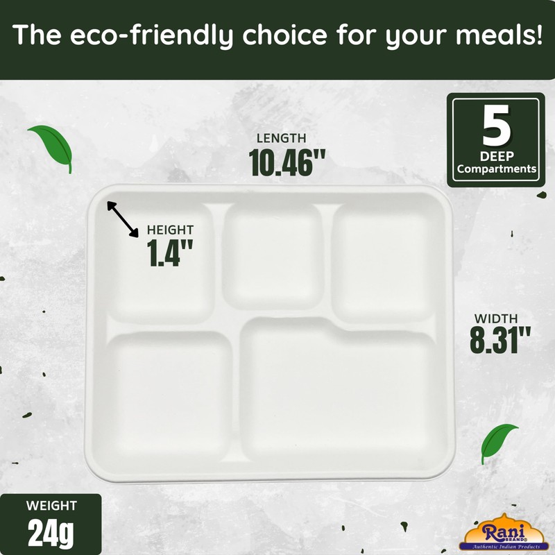 Rani 5 Deep Compartment Square Biodegradable Divided Plates, Pack of