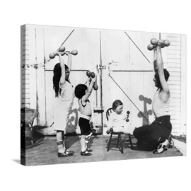 ART.COM Stretched Canvas Print Father and His Three Children Having a Workout with Dumbbells, 32" x 24"