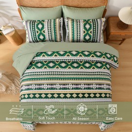 Dinjoy Comforter Set Queen Size Boho,7 Pieces Bed in a Bag Queen Sage Green Fall Bedding Sets with Sheets Aztec Striped Comforters Complete Set for Women Fall Winter 90"x90"