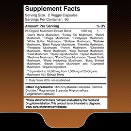 WELLNESS LABSRX Mushroom Supplement Capsules 10:1 Extract, Mushroom Complex Capsules 1000mg, Lions Mane Supplement with Turkey Tail, Cordyceps, Reishi - 120 Count