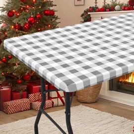 smiry Rectangle Picnic Table Cloth, Elastic Waterproof Fitted Vinyl Tablecloth for 5 FT Tables, Flannel Backed Buffalo Plaid Table Covers for Dining, Camping, Outdoor (White and Grey, 30" x 60")