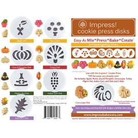 Impress Cookie Press Disks – Thanksgiving Set of 8, Food Safe Plastic Shapes with Turkey, Cornucopia, & More, Fits Many Manual Models - See Disk Sizing Image to ensure fit with your press