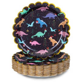 Confettiville Christmas Paper Plates, 50-Count Disposable Christmas Dinner Plates, Scalloped Gold, Party Supplies, X'mas Dinosaurs