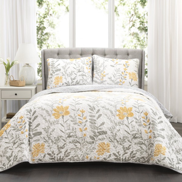 Lush Decor Yellow Aprile Reversible Quilt 3 Piece Floral Leaf Design Bedding Set, Full/Queen, Yellow & Gray