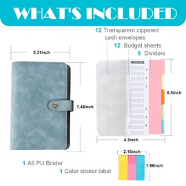 Budget Binder,Budget Planner,A6 PU Leather Binder,Including 1 6-Ring Soft Leather Binder Cover,12 Cash envelopes with Zipper envelopes,12 Budget Sheets 5 dividers, Savings Binder (Blue)