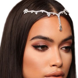 Bohemian Full Rhinestone Head Chain Clip Bridal Headband Chain Wedding Crystal Forehead Headband Hair Accessories for Women (Silver 5)
