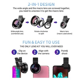 KWTOUL Phone Camera Lens 2 in 1 Phone Lens Kit, 0.45 Super Wide Angle Lens 15x Macro Lens, Wide Compatibility with Popular Smartphones, Tablets and Laptops of Various Brands