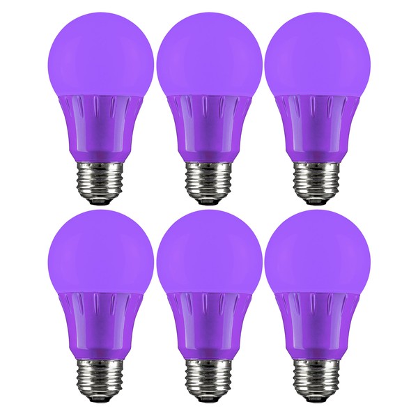 Sunlite 40946 LED A19 Colored Light Bulb, 3 Watts (25w Equivalent), E26 Medium Base, Non-Dimmable, UL Listed, Party Decoration, Holiday Lighting, 6 Count, Purple