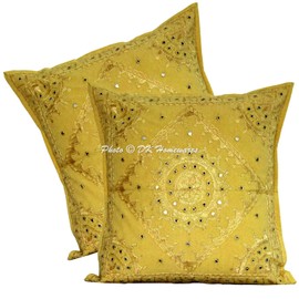 DK Homewares Ethnic Couch Decorative Cushion Covers 60 x 60 cm Cotton Mustard Yellow Embroidered Large Cushion Covers Indian Mirrored Bohemian Square Cushion Covers - Set of 2 (Cover Only)
