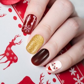 Pack of 24 Short False Nails, 12 Sizes, Square Shape, Natural Christmas False Nails with Jelly Glue & Wooden Stick & Nail File, for Winter, Party Gifts, Gifts