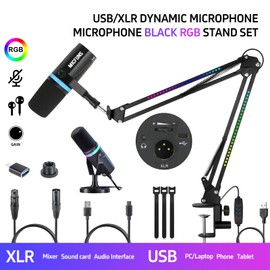 Micufuns Vocal Dynamic Microphone, XLR/USB Podcast Recording PC Microphone,Studio Metal Mic with Mute, Headphone Jack, Monitoring Volume Control,with RGB Microphone Boom arm (M338-A)