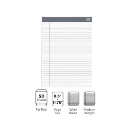 TRU RED Notepads, 8.5-inch x 11.75-inch, Wide Ruled, White, 50 Sheets/Pad, 24/Carton (TR59911/TR573VS)
