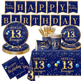 13th Birthday Decoration Men-142pcs Navy Blue and Gold Birthday Tableware Set(Serve for 20) Include Happy 13th Birthday Banner Plates Cups Napkins Tablecloth for Men 13th Birthday Party Supplies