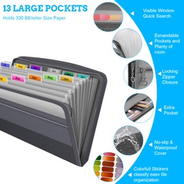 Expanding File Folders, 13 Pockets Filing Accordion Folder Document Organiser with Zipper, Receipt Coupon Organiser with Colored Tags, Expandable Folders for Paperwork B6,Documents and Paper Storage