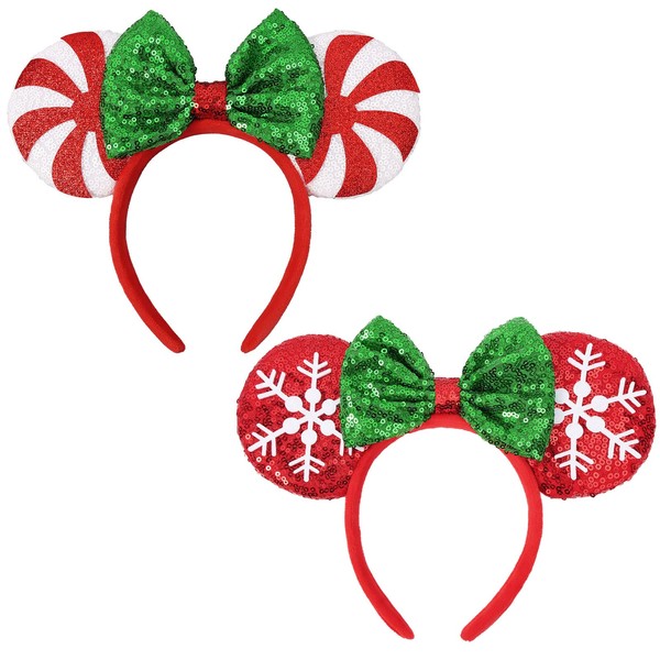 ETLUK 2 PCS Christmas Mouse Ears Headbands, Christmas Ears for Adult Women Kids, Shiny Headbands for Christmas Park Ears Party Accessories