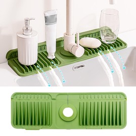 Daily Treasures 17.7"x5.5" Splash Sink Guard with Button, 6° Large Slope Sink Splash Guard,Green Silicone Faucet Mat for Kitchen,Silicone Faucet Splash Guard Mat for Bashroom Kitchen Sink