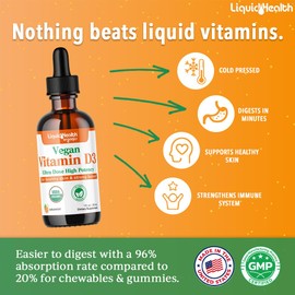 LIQUIDHEALTH Vitamin D3 5000 IU, USDA Organic Vitamin D Liquid Drops for Adults & Kids, Vegan Vitamin D for Immune System Support, Bone Health, Mood Support, Healthy Skin - Made in USA (2 oz)