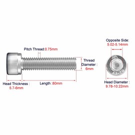 Junter 20pcs M6-0.75 x 80mm Fine Thread Metric A2 Stainless Steel Allen Blot Hex Socket Head Cap All Thread Screws DIN912