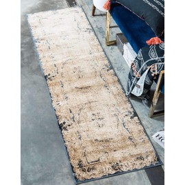 Unique Loom Chateau Distressed Vintage Traditional Textured Rug_VIL009, 2 Feet 2 Inch x 6 Feet 7 Inch, Beige/Navy Blue