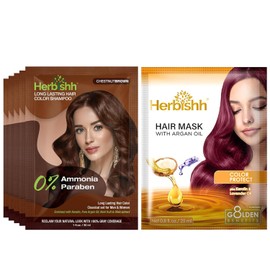 Herbishh Travel Pack Champú para tinte capilar en bolsita + 1 bolsa de mascarilla capilar de argán (castaño, 5 bolsita)
