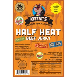 Katie's Beef Jerky - Spicy Beef Jerky, flavored snacks meat snacks, Gluten Free, No Preservatives, Nitrites, or MSG (Half Heat, Pack Of 3)