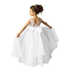zikusel Lace Applique Tulle Flower Girl Dress for Wedding White Bow Knot V-Back Sleeveless Ball Gowns Floor-Length Little Girls Birthday Evening Prom Dress