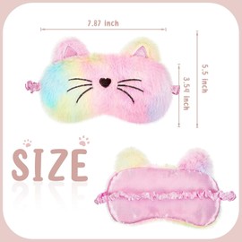 MKUCCD Sleep Eye Mask for Kids, Plush Sleeping Eye Cover 3 Pcs Soft Funny Blindfold Sleep Eye Cover Animal Sleeping Eye Shade for Kids Girls(White, Pink and Rainbow Color, Cat Style)
