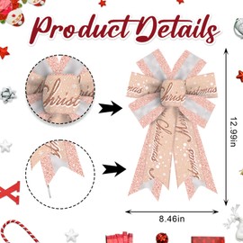 2 Pack Christmas Wreath Bows Christmas Decor Bows Glitter Pink Strip Words Ribbon Bows for Wreath, Xmas Tree Topper Bows for New Year Party Decoration Home Indoor Outdoor Wreath Ornament Supplies