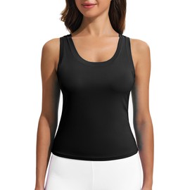 PINSPARK Workout Tank Tops for Women Double Lined Gym Crop Top Scoop Neck Athletic Shirt Racerback Yoga Tanks, Black XL