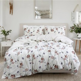Lemfux White Floral Duvet Cover, Duvet Cover Set, 3 Piece, French Country Duvet Cover, Garden Style Cotton Soft & Breathable with Zipper Closure & Corner Ties, Twin