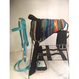 Party Ponies Miniature Horse/SM Pony Bareback Saddle Set - New SW Stripe W/Black BITLESS Bridle.15 Felt Cinch