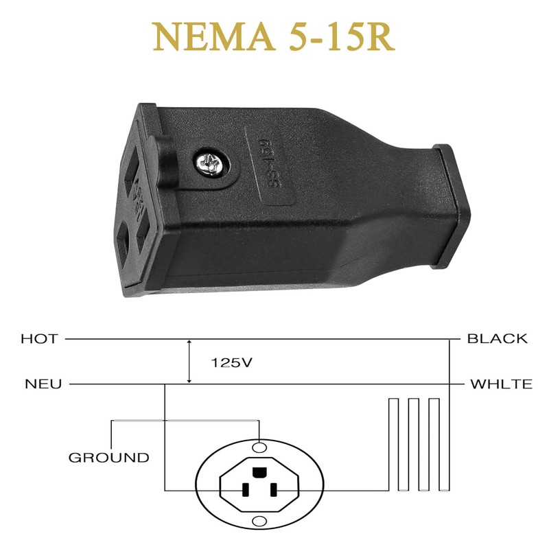 3 Prong Electric Female Plug Replacement 125V 15A 2Pole 3Wire