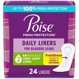 Poise Daily Liners, Incontinence Panty Liners for Bladder Leaks, 2 Drop Very Light Absorbency, Long Length, 24 Count of Pantiliners, Packaging May Vary