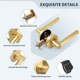 LOQRON Brushed Gold No Keys Privacy Door Handle, Round Design Keyless Heavy Duty Gold Interior Door Lever with Satin Brass Finish, Reversible for Left/Right Handed for Bedroom and Bathroom Door