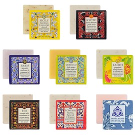 Destination Soap Sampler- Set of 8 Exfoliating Spa Soap Bars- Enriched with Shea Butter and Essential Oils- Sicily, Kyoto, London, Paris, Morocco, Tahiti, Fiji and Custom Soap- Party Favors for Adults