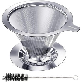 Pour-over coffee dripper, paperless reusable coffee filter, pour-over coffee maker for single-cup brewing, stainless steel cone filter with dual mesh design