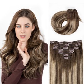 SOBEAUTY Clip in Hair Extensions, Real Human Hair Extensions, 100% Human Hair Remy Natural Hair Double Weft, 7 Pcs 120g Volume Invisible DIY Full Head Hair Extenion (Mix Brown T4B/26/4B 20 inch)