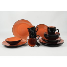 HomeVss Sonoma 16 Piece Stoneware Dinner Set, Outside Black + Inside Handpainted Color Orange with speckle