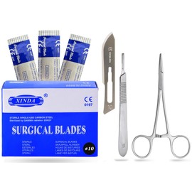 MuskalMed 100 Sterile Carbon Steel Blades #10 with Free Scalpel Handle #3 and Blade Remover Hemostat