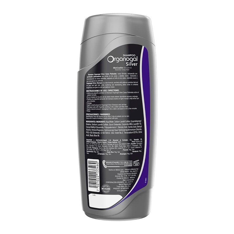 Organogal, Shampoo Silver, abrillanta y matiza canas y cabellos claros,